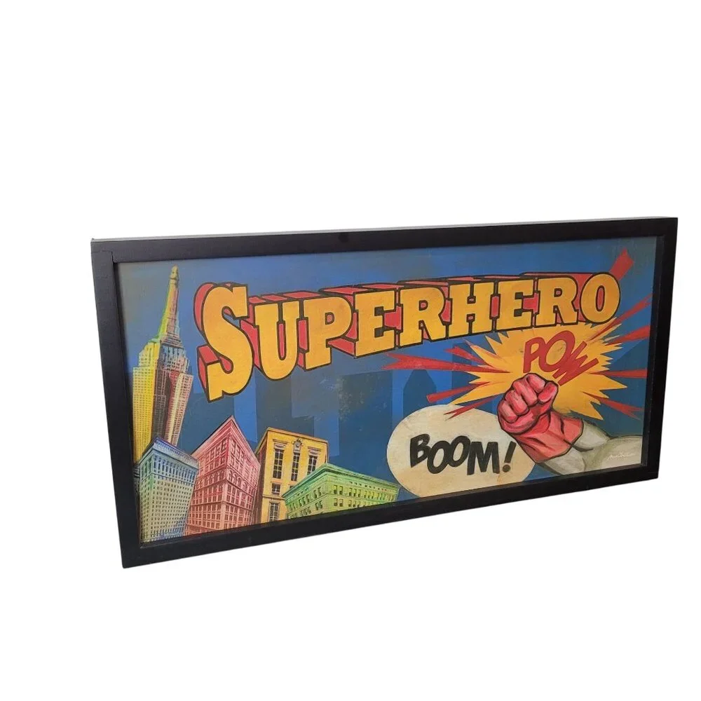 Superhero Comic Style Wall Art Print Framed With Bold Colors & Action Words BOOM